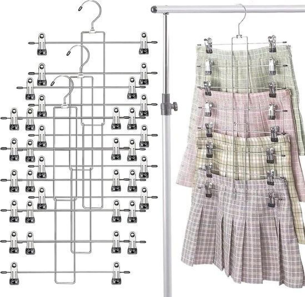 Hosenbügel 3er Pack, Rockbügel Metall, Rockbügel mit 12 Clips, platzsparend, rutschfest, Metallbügel für Hosen, Röcke, Jeans, Kleidung, Handtuch