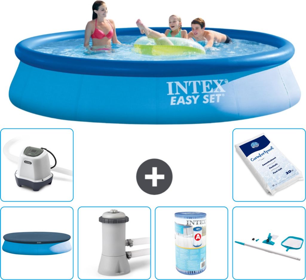 Intex runder aufblasbarer Easy Set-Pool – 396 x 84 cm – Blau – im Lieferumfang enthalten Abdeckung - Filterpumpe für Schwimmbad - Filter - R...