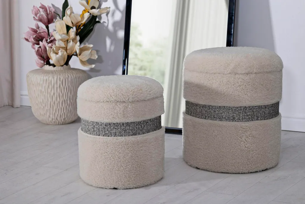 Pouf de Rangement en Tissu Crème Saint-Moritz - Lot de 2 Tabourets - 9