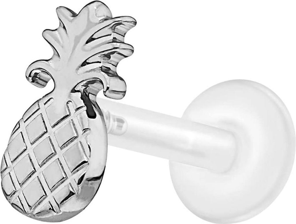 Ohrpiercing, Nasenpiercing PTFE Labret mit Innengewinde + Titan-Aufsatz ANANAS Silber Stablänge: 9mm | Stabstärke: 1,2mm