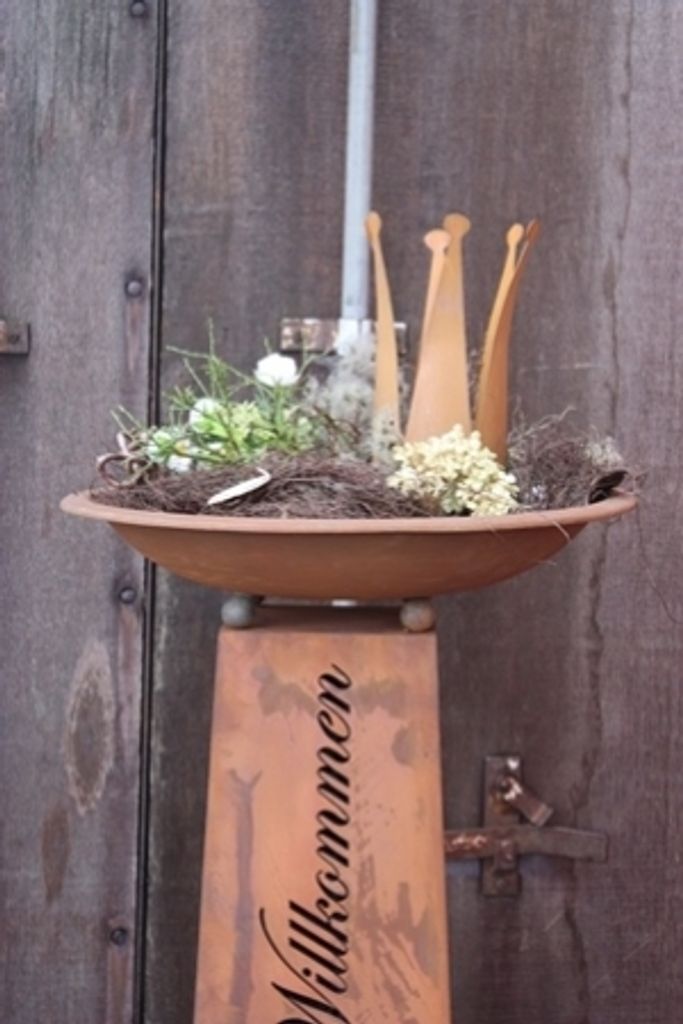 Rostikal Rost Deko Säule mit Pflanzschale 1,15 m Herzlich Willkommen Deko Edelrost Blumensäule