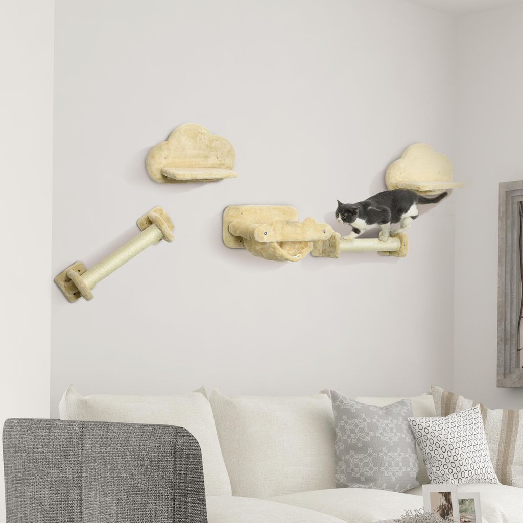 Katzentreppe Wandmontage 5-teilig, Kletterwand Katzen Sisal Plüsch, Hängematte, Beige | 40 x 34 cm | 7 kg | Spanplatte
