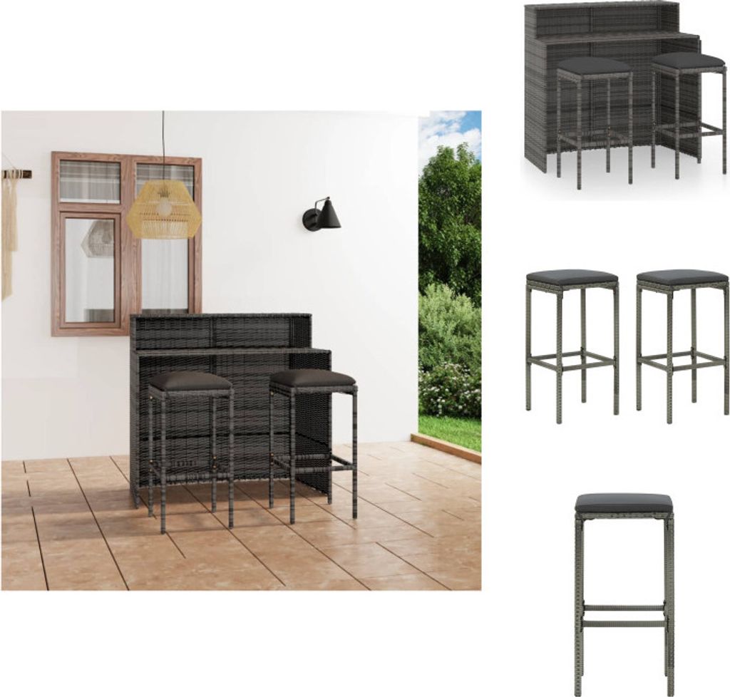 vidaXL 3-tlg. Gartenbar-Set mit Kissen Grau - Gartenmöbel-Sets