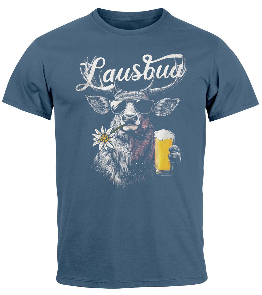 Herren T-Shirt Trachtenshirt Hisch Bier-Glas Alpen Edelweiß Schriftzug Lausbub Bayern Dialekt Fashion Neverless denim blue XXL