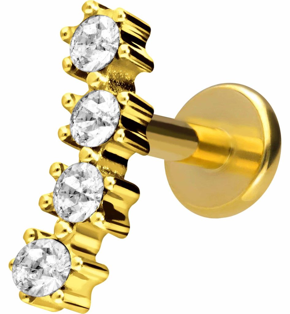 Ohrpiercing, Nasenpiercing Titan Labret mit Innengewinde 4 EINGEFASSTE KRISTALLE Gold Stablänge: 6mm | Stabstärke: 1,6mm