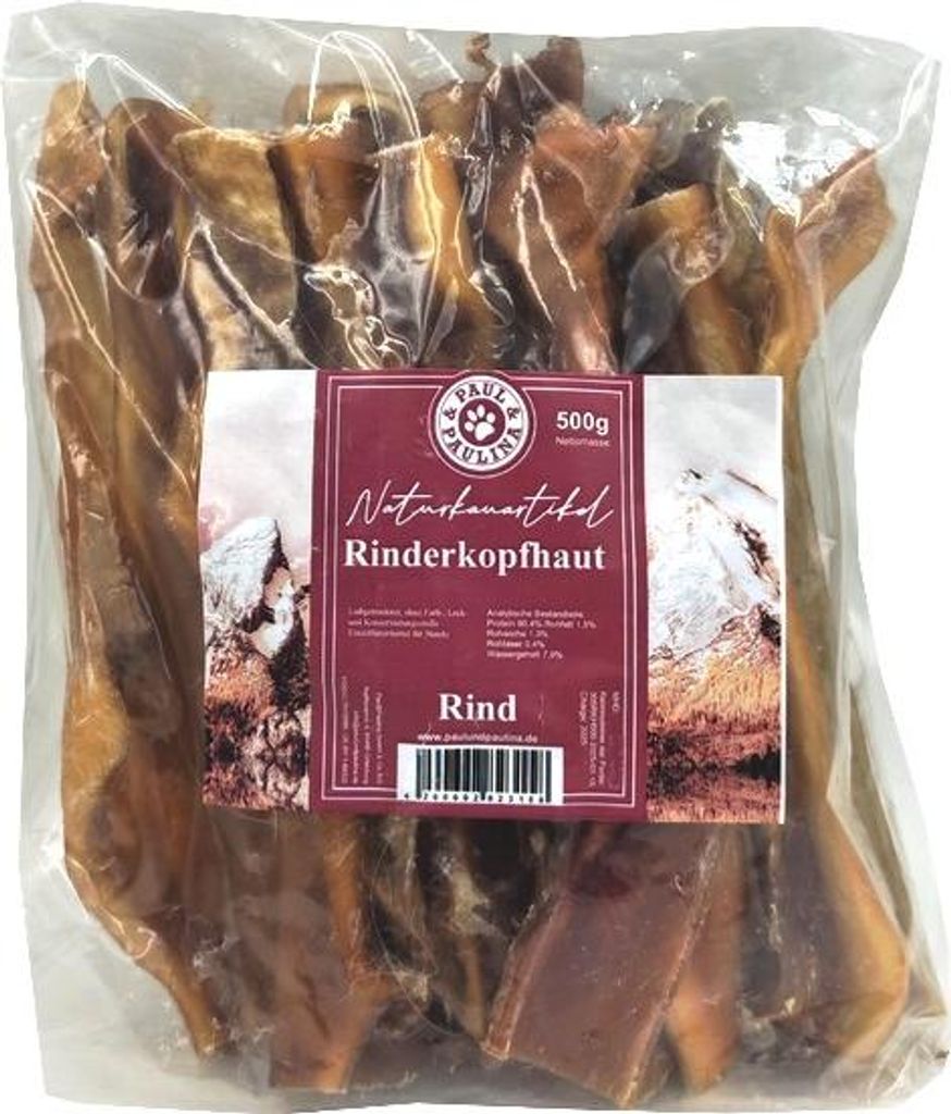 Paul & Paulina Rinderkopfhaut luftgetrocknet 500g ca. 20cm Kausnack für Hunde
