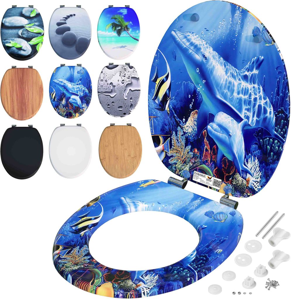 A collage of different toilet seat designs, including one with a dolphin and fish theme, and various accessories.