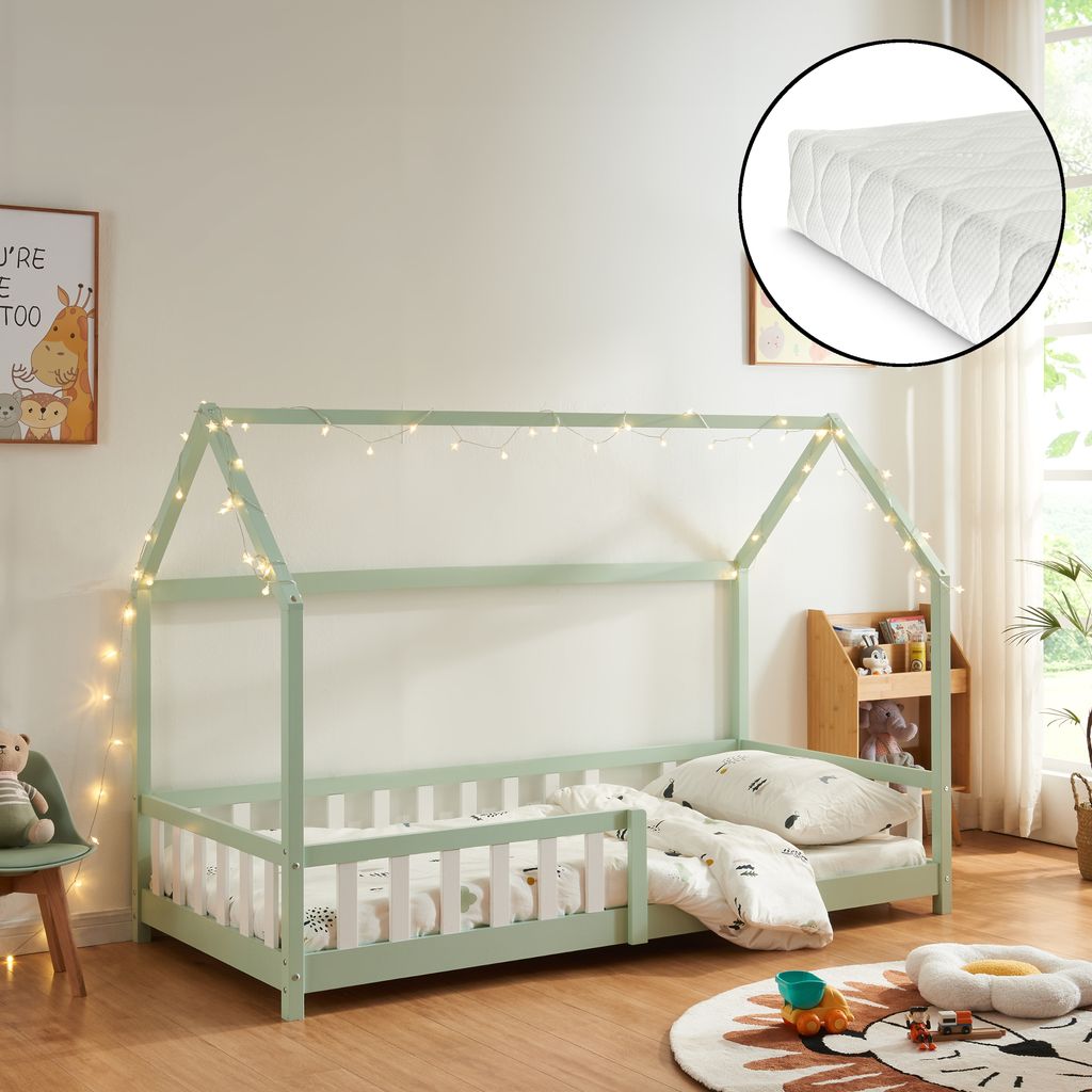 Hausbett ‘Hesel’ für Kinder mit Matratze Rausfallschutz Lattenrost 90 x 200 cm Mintgrün