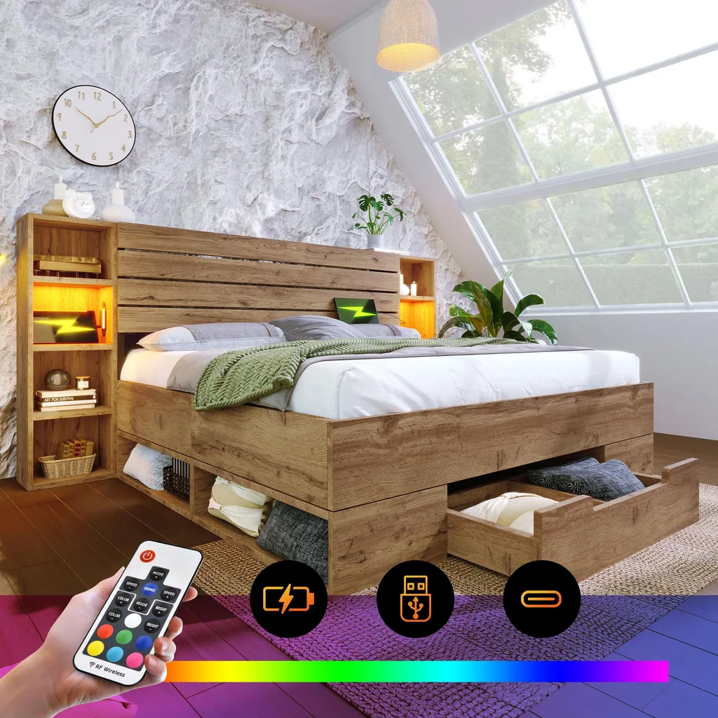 Grand Lit 180x200 King Size en Bois avec USB C et LED pour Adulte Chêne