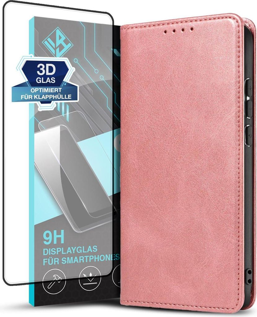 Handyhülle für Huawei P30 Pro mit 9H Displayglas Kunstleder Flip Cover Hülle Handytasche Case Kartenfach Farbe: Rosa