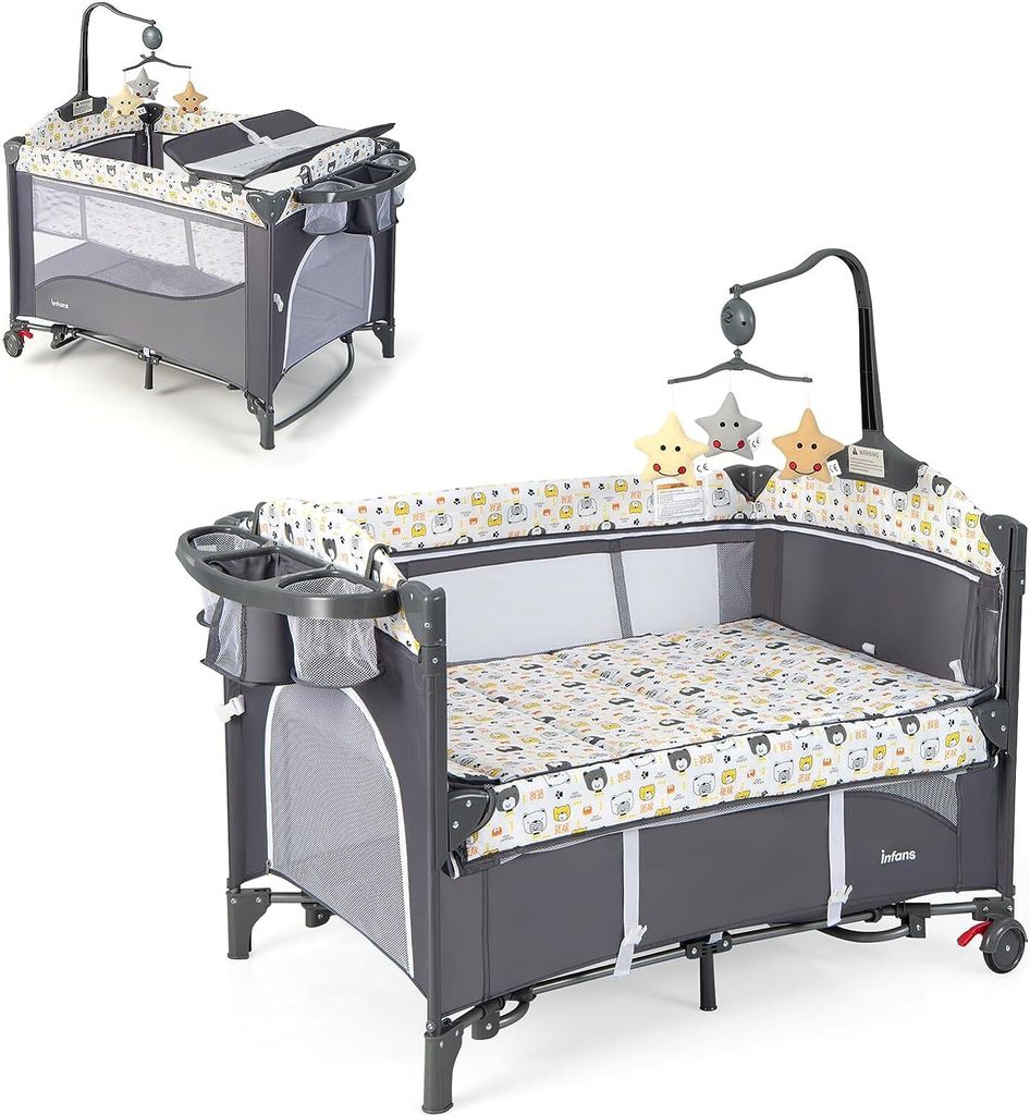 Reisebett mit Matratze, 5 in 1 Beistellbett Baby mit Rollen Produktbild 