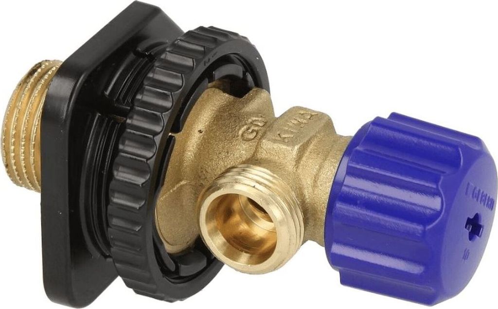 A close-up studio shot of a brass and plastic plumbing valve with a blue knob.