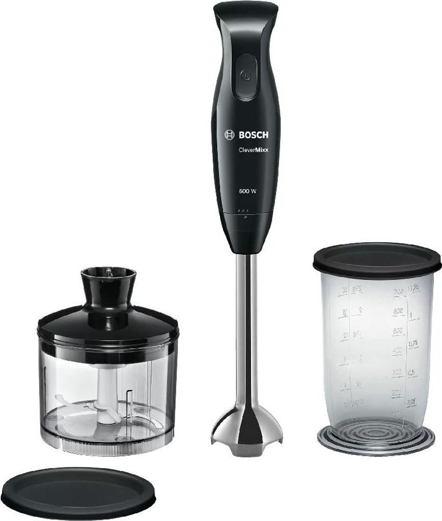 A black Bosch hand blender with its accessories, including a chopper and a measuring cup, arranged on a white background.
