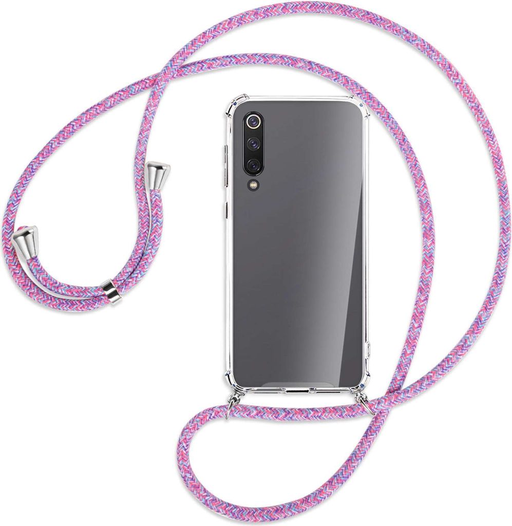 Handykette Backcover-Schutzhülle mit Band (Metall silberfarben) für Xiaomi Mi 9 SE - lila/rosa/blau
