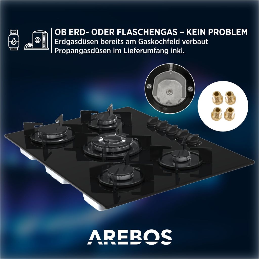 AREBOS plynová varná doska 5 horákov, sklokeramika, plynová Obrázok produktu 3