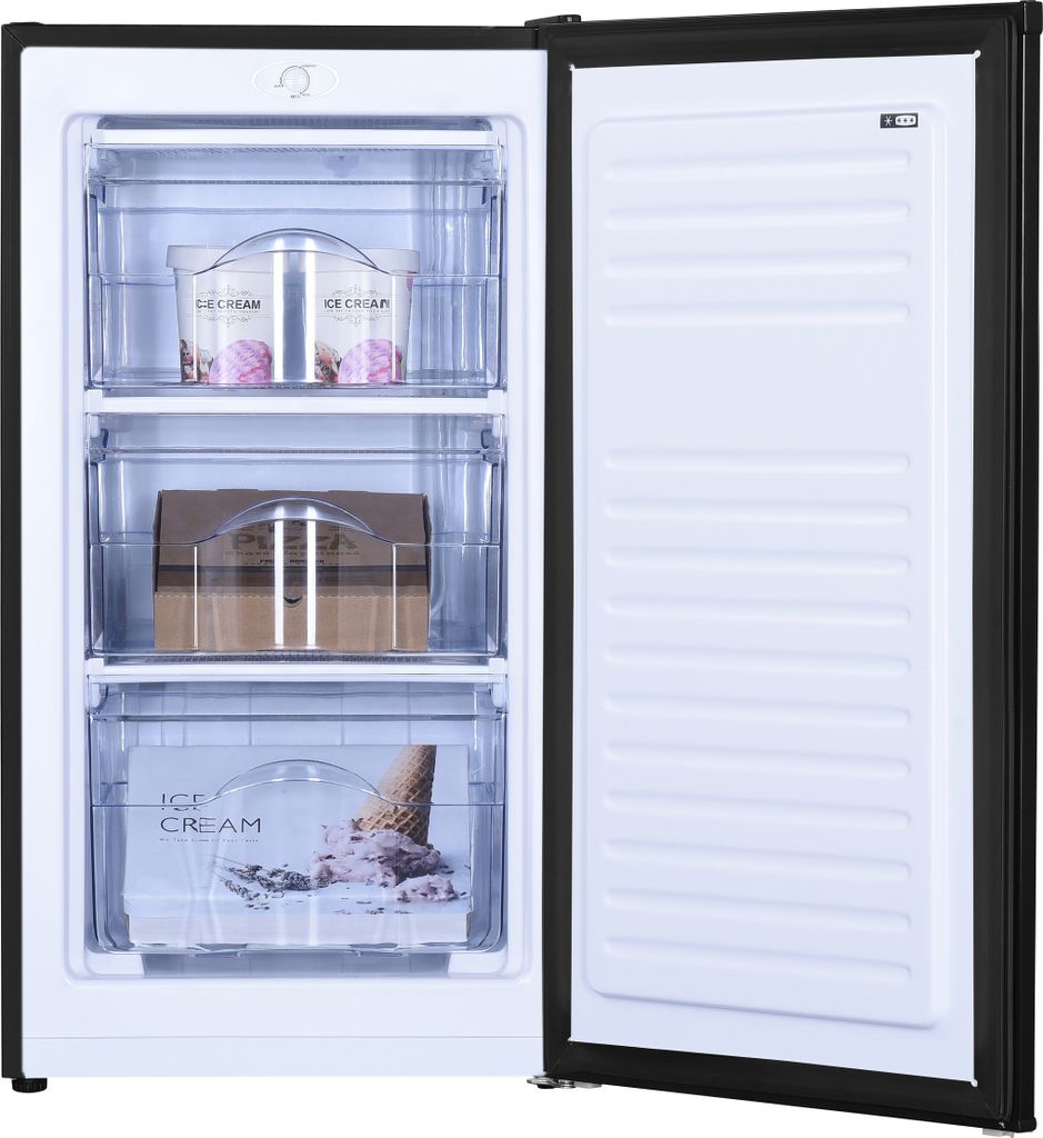 An open upright freezer with shelves and drawers containing food items.