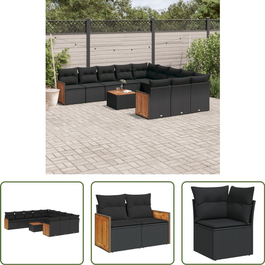 The Living Store 12-tlg. Garten-Sofagarnitur mit Kissen Schwarz Poly Rattan