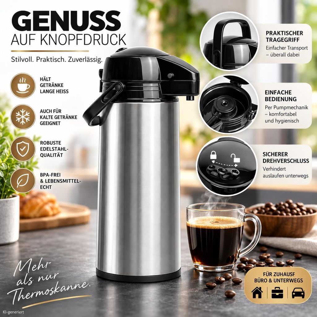 2er Set Thermoskanne 1,9 L mit Pumpfunktion – Edelstahl