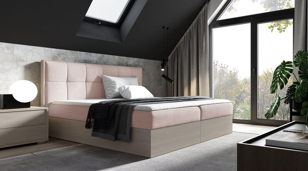 Kontinentales Bett 180x200 CHANTELLE 8 - nordisches Teakholz / Rosa + GRATIS Matratzenauflage