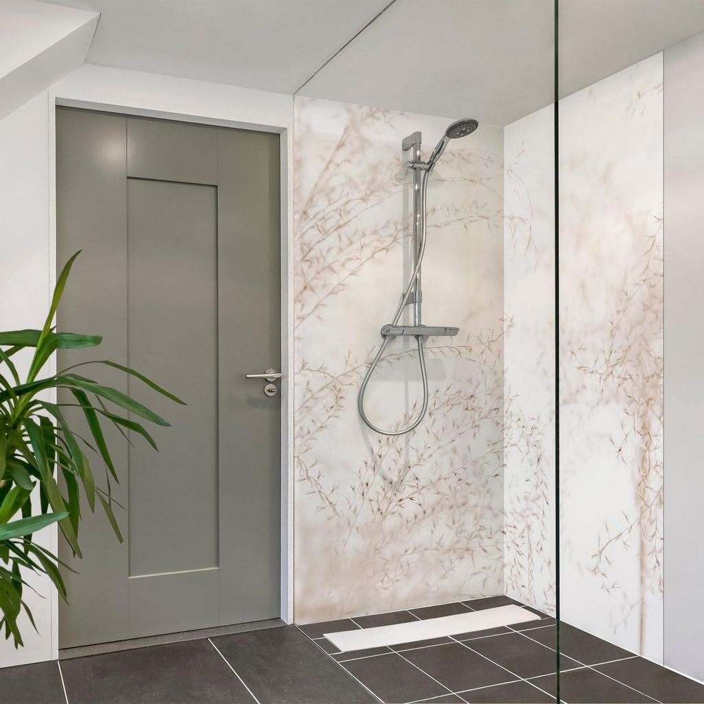 Duschrückwand mit Motiv selbstklebend - 0.61 mm Wandpaneel wasserfest Gräser beige Landhaus Badrückwand fugenlos Premium matt 80x200 cm
