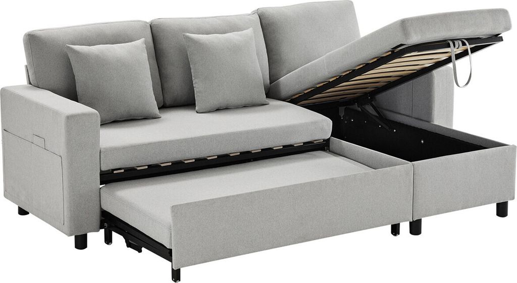 Schlafsofa(hellgrau)L-förmiges Sofa mit Schlaffunktion,moderne Design-Polstermöbel, Sofa-Chaiselongue mit Stauraum,Taschenbecherhalter