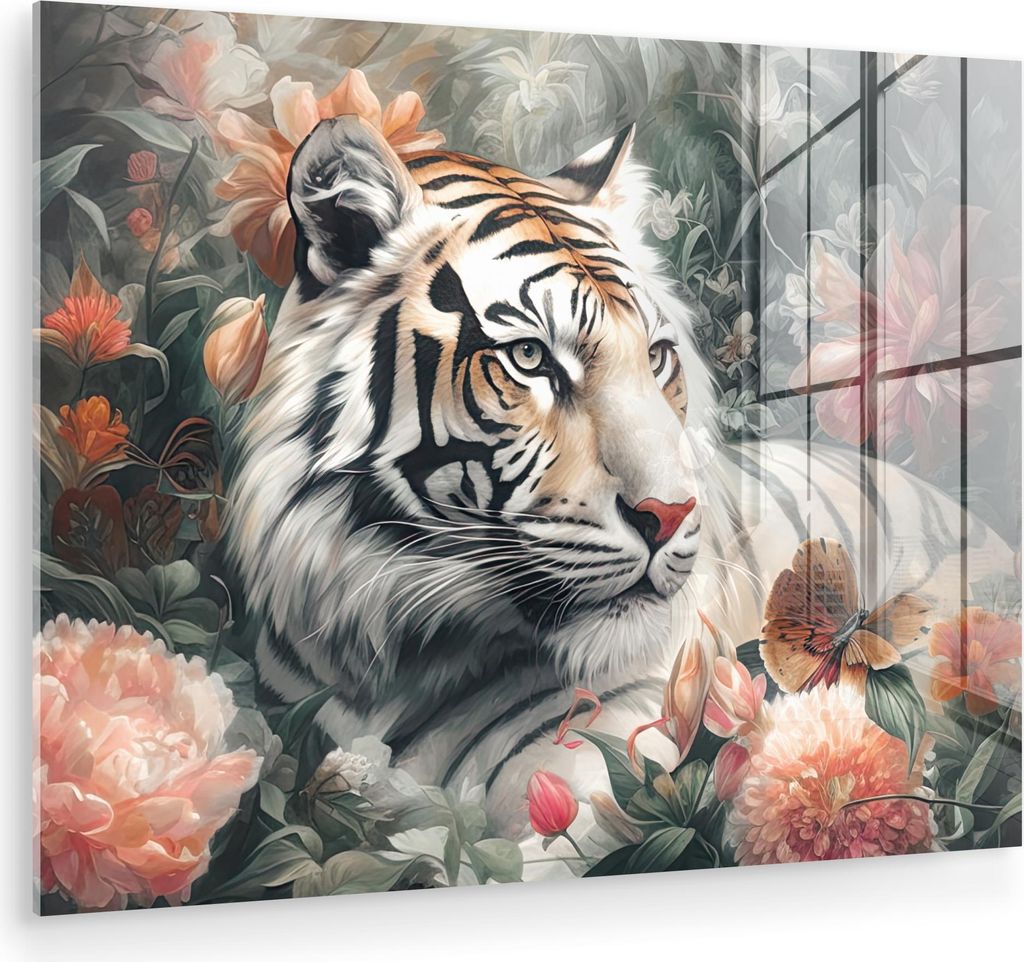MuchoWow Glasbilder - Bilder auf Wandbild - Foto auf Glas Tiger - Wildtiere - Blumen - Dschungel 80x60 cm Wanddekoration aus Glas - Acrylglasbild -...