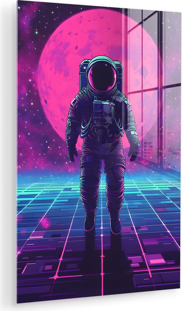 MuchoWow Glasbilder - Bilder auf Wandbild - Foto auf Glas Astronaut - Mond - Rosa - Sternennebel 40x60 cm Wanddekoration aus Glas - Acrylglasbild -...