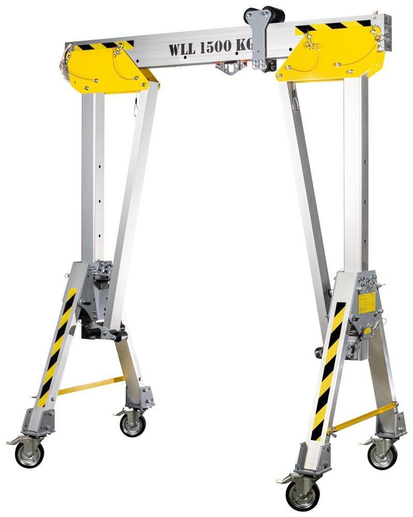 Aluminium-Schnellbau-Portalkran, 4 Seitenteile, fahrbar und klappbar, Traglast 1250 kg, Gesamtbreite 4000 mm, Gesamthöhe 3380-5580 mm