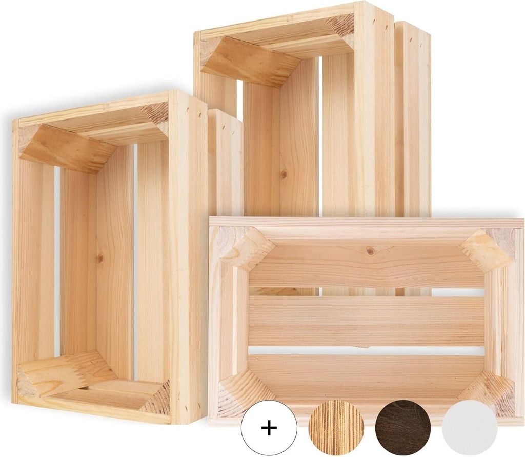 Three wooden crates are stacked and arranged in a studio setting against a white background.