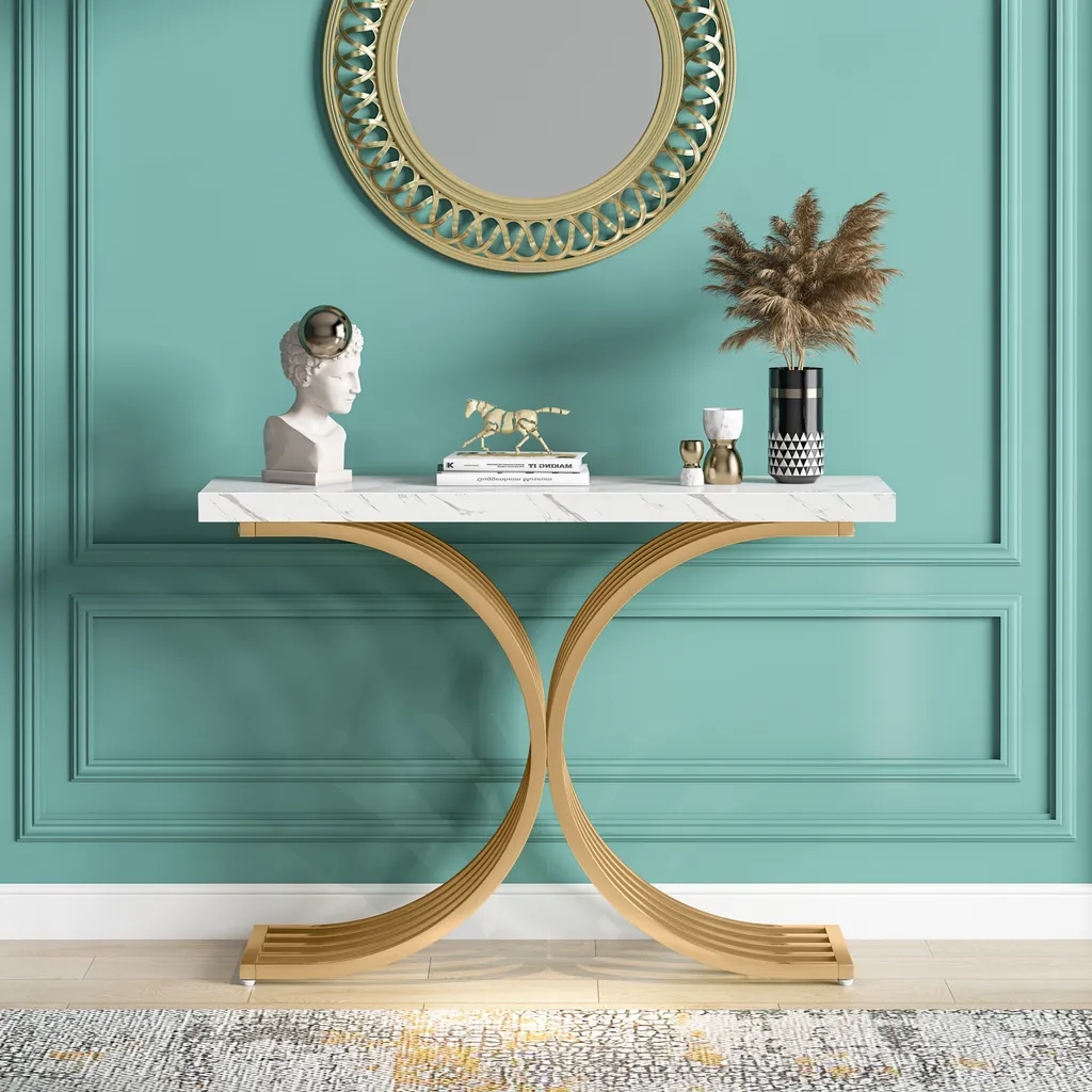 Console étroite pour gain de place, table d'appoint stable blanc et or