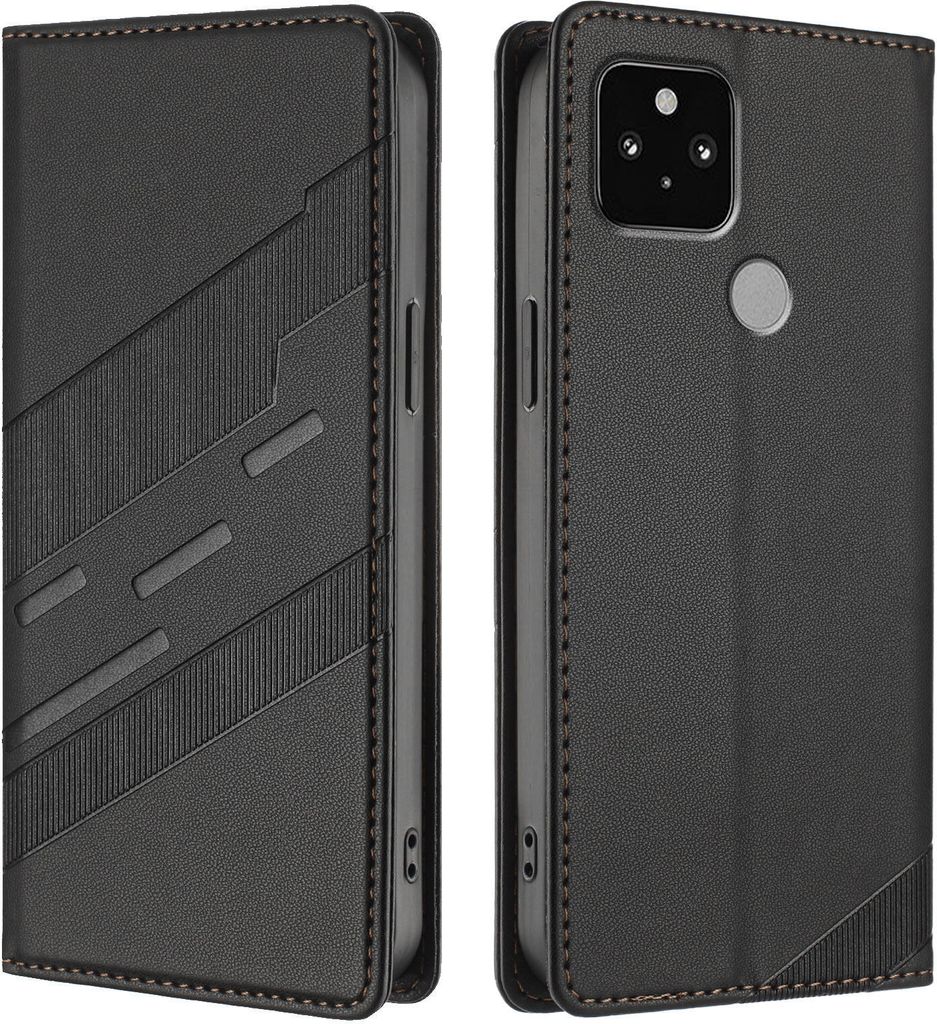 Hülle für Google Pixel 5, Kunstleder Brieftaschen Handyhülle mit Kartenfach und Standfunktion Schwarz