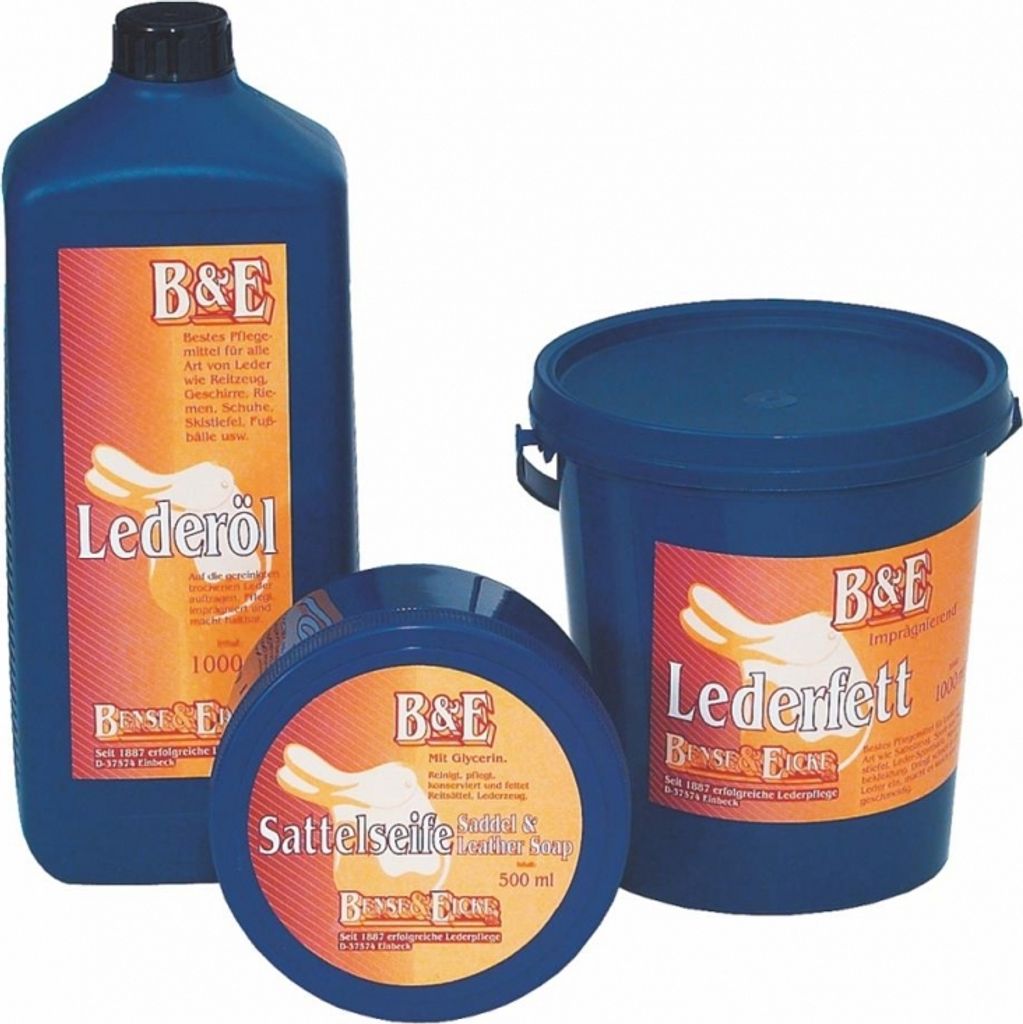 Three blue containers of leather care products are arranged on a white background.