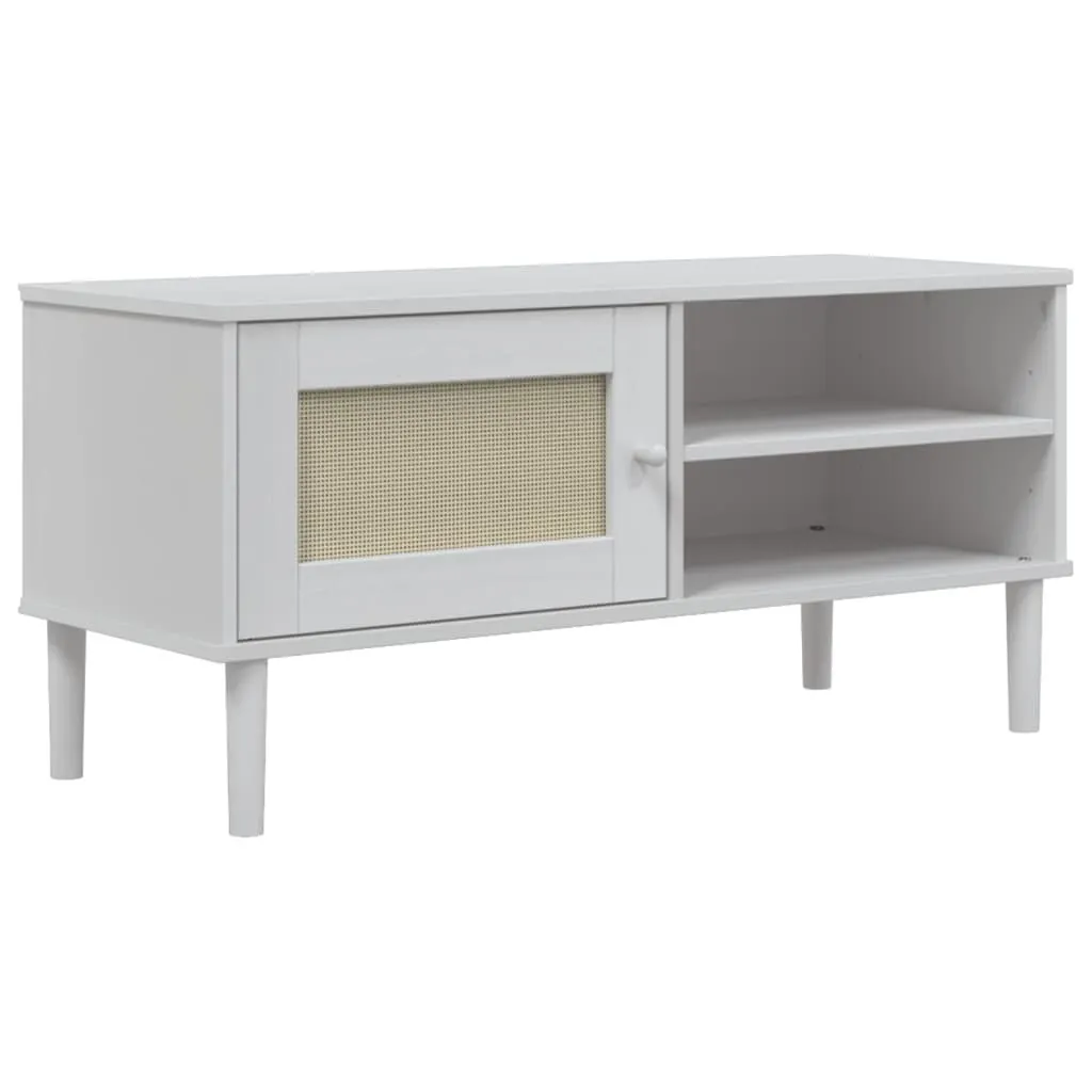 Banc TV SENJA en bois blanc et cannage rotin pour salon moderne