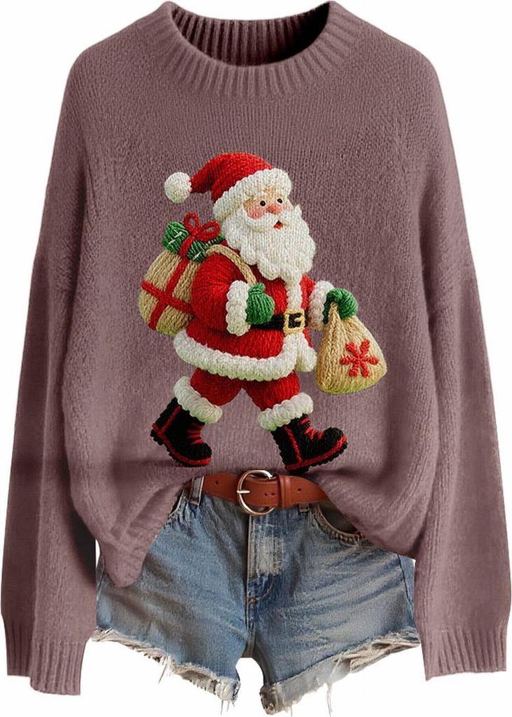 ASKSA Damen Weihnachtspullover,Strickpullover Rundhals Pulli Sweater Herbst Winter Warm Strickpulli Weihnachtspulli (B-Violett,XXL)