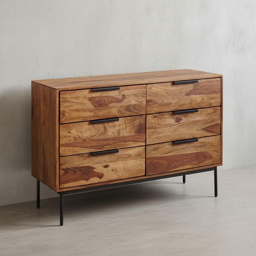 Kommode Sheesham und Metall, 6 Schubladen, Industriedesign. 117x42x80 cm | Kadima Design
