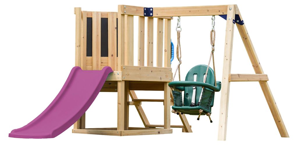 AXI Timo Klettergerüst aus Holz in Braun mit Rutsche in Lila | Spielturm / Spielplatz für Kinder mit Babyschaukel, Kletterwand und Tafel | Spielg...