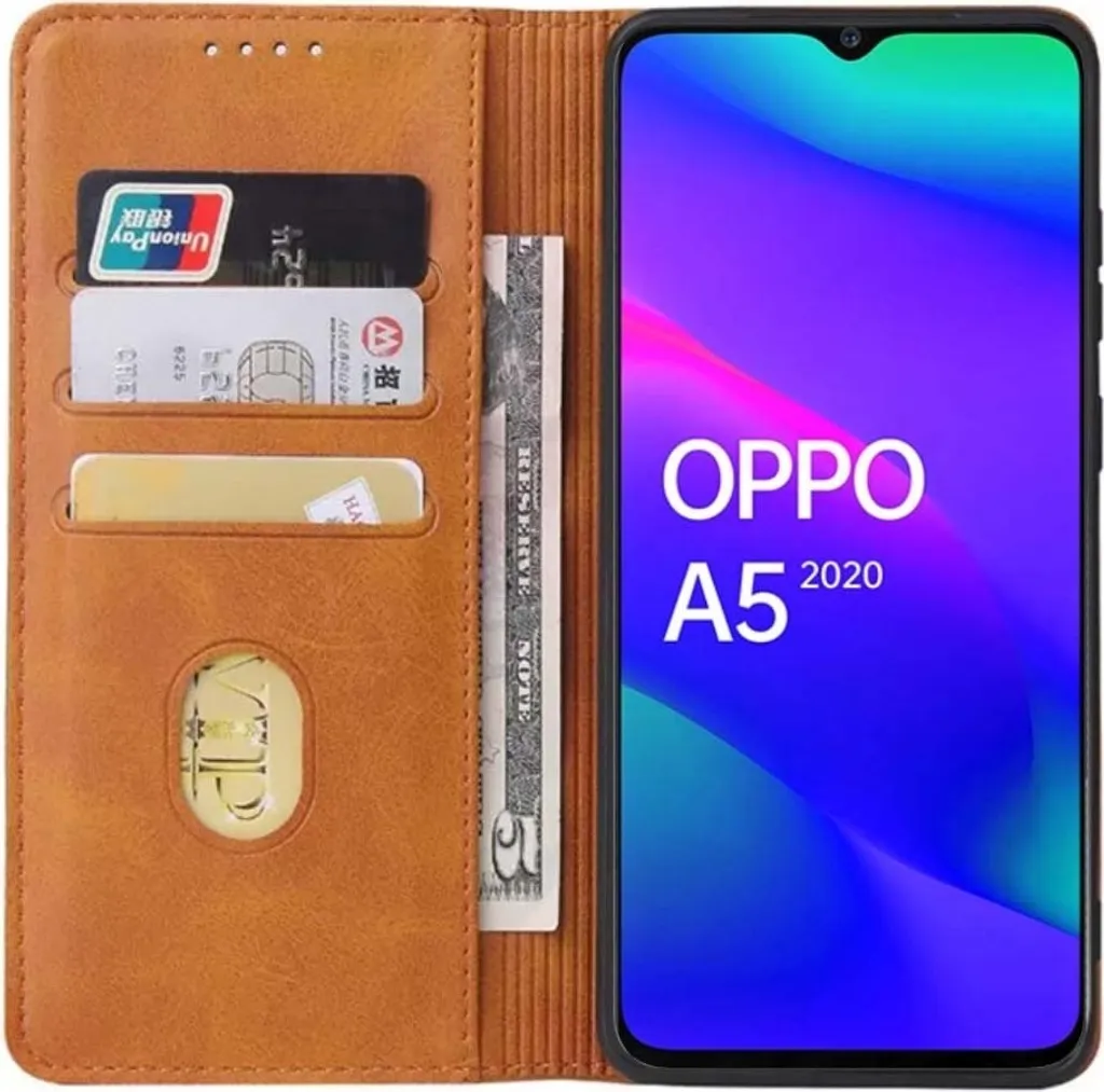 Smartphonica Oppo A5 2020 custodia in pelle con chiusura magnetica e porta carte a libro - Marrone