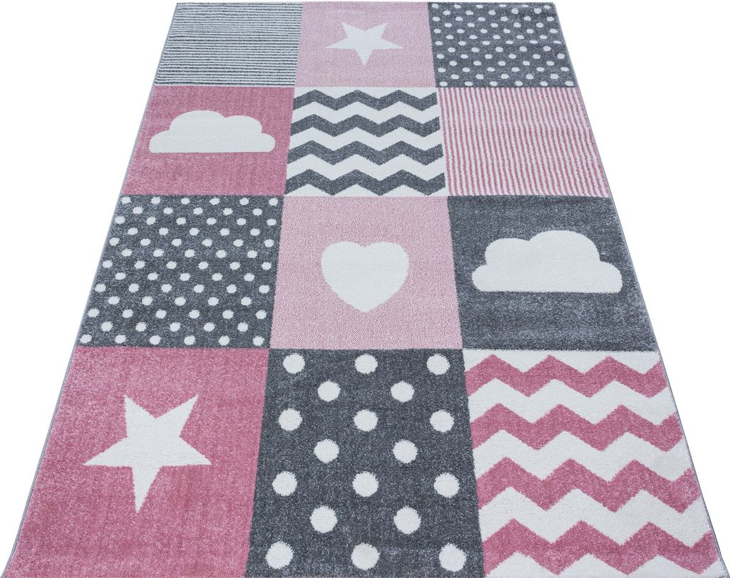 Kinder Teppich Kinderzimmer für Jungs und Mädchen Pink 200x290 weich Herz- und Stern Design bunt aus Regenbogen Fußball uvm. Rechteck aus Polypr...