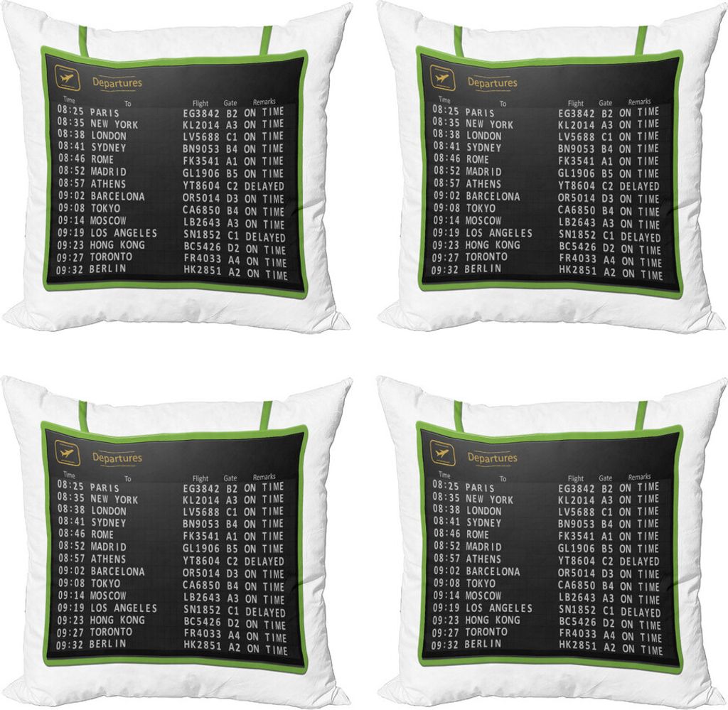 ABAKUHAUS Flughafen Kissenbezug Set (4 Stück), Flugliste Abfahrtstafel, Moderner Doppelseitiger Digitaldruck, 50 cm x 50 cm, Weiß Koksgraue