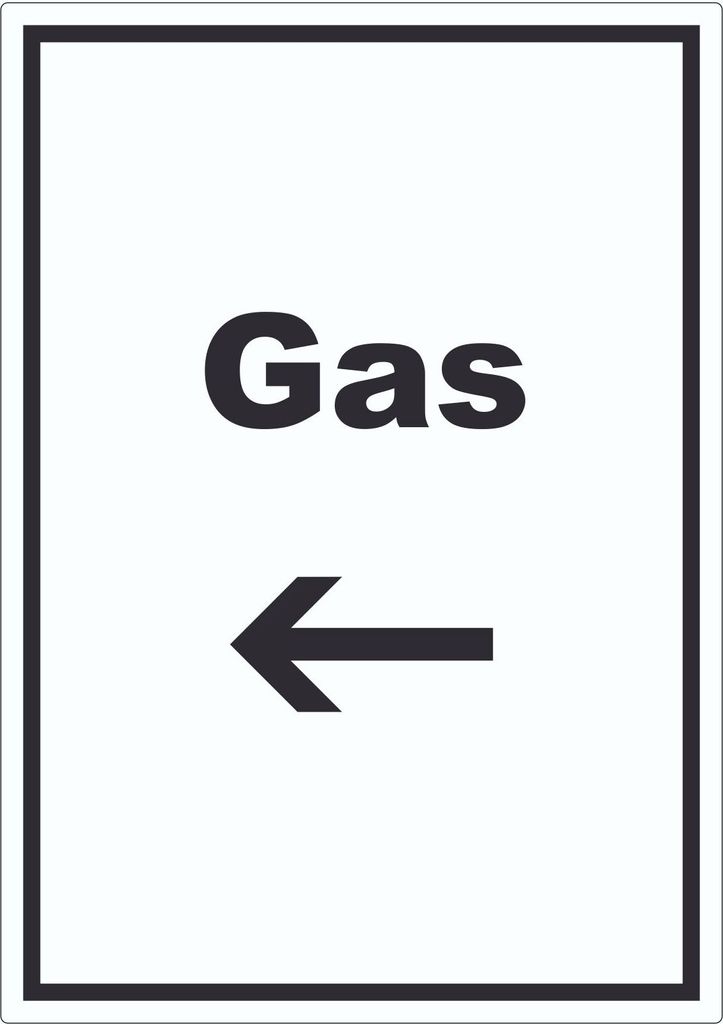 Gas Aufkleber mit Text und Richtungspfeil links Anschluss hochkant A4 (210x297mm)
