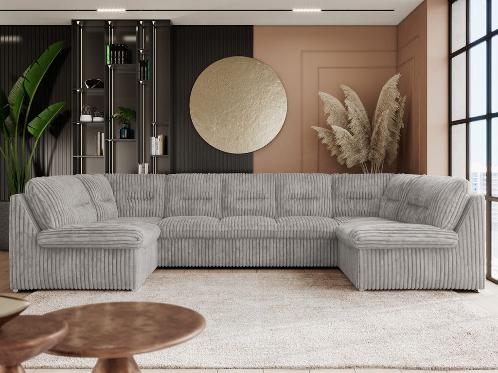 Wohnzimmersofa mit Schlaffunktion, U-form Ecksofa mit Topper, Sofa big XXL, Bettfunktion, Wellenfedern und HR-Schaum - COMODO U - Cord - Hellgrau