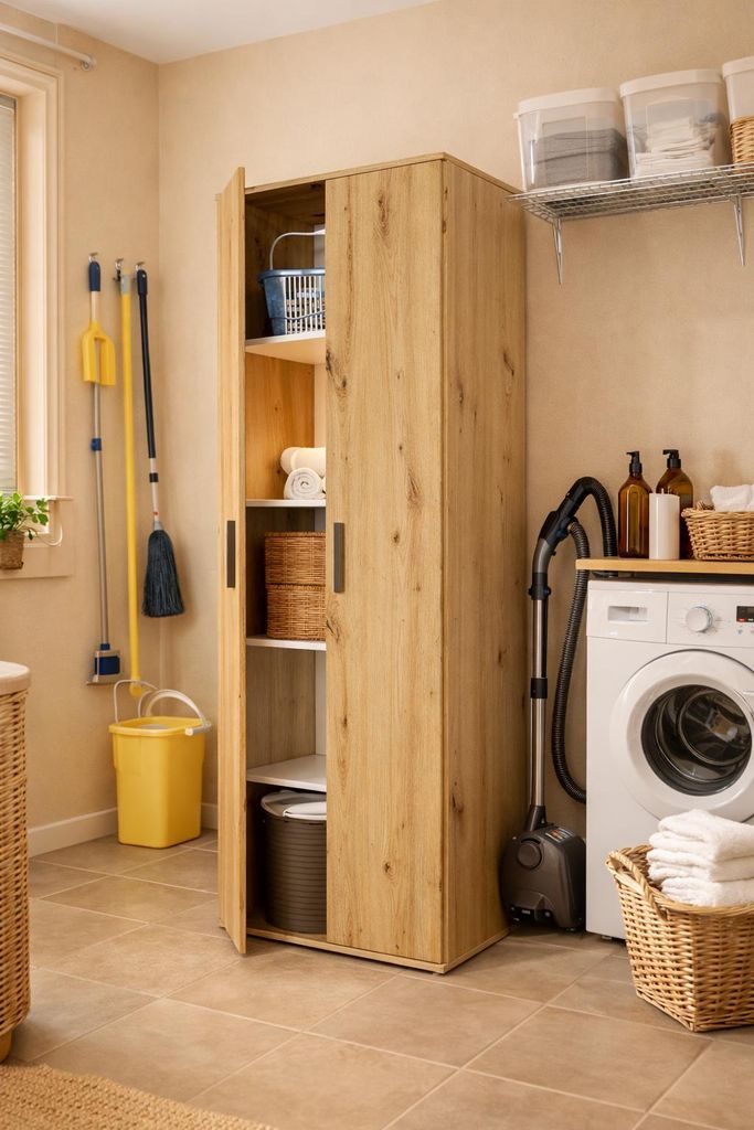 A laundry room or utility space with a cabinet, washing machine, and cleaning supplies.