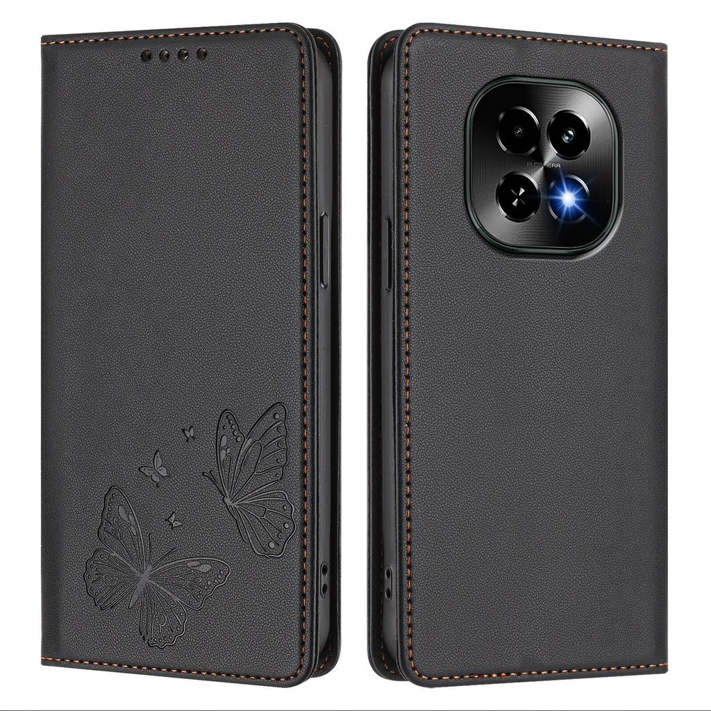 Lederhülle für Realme C63 5G, Schmetterling Prägung Leder Brieftasche Schutzhülle mit Ständer Schwarz