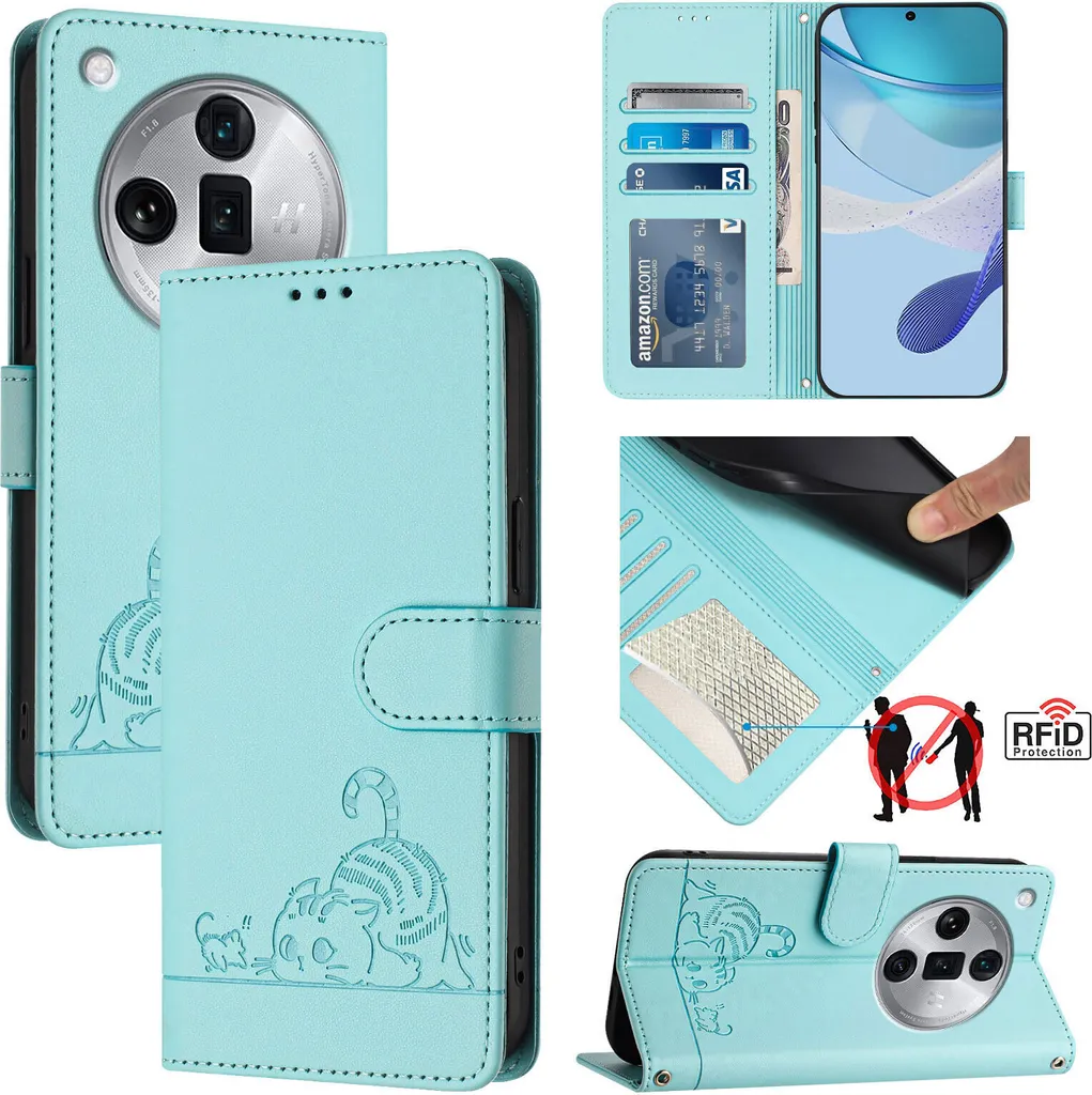Custodia Elegante Oppo Find X7 Ultra Gatto Verde Menta Flip Cover