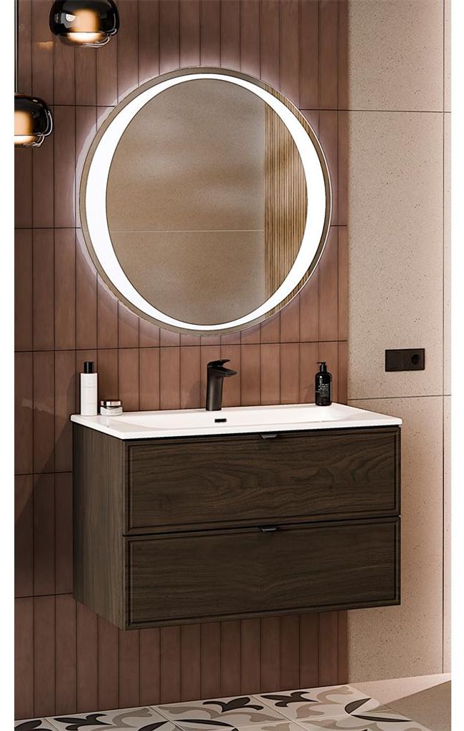 Badmöbel-Set 2-teilig mit LED-Spiegel & 80 cm Waschtisch in Walnuss - TEMUCO-56-WALNUT