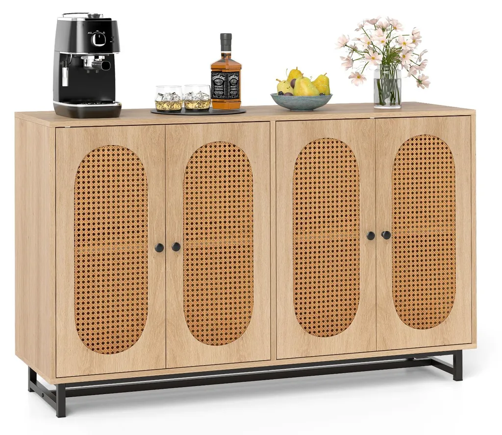Buffet de cuisine idéal rangement vaisselle portes rotin naturel 126 cm
