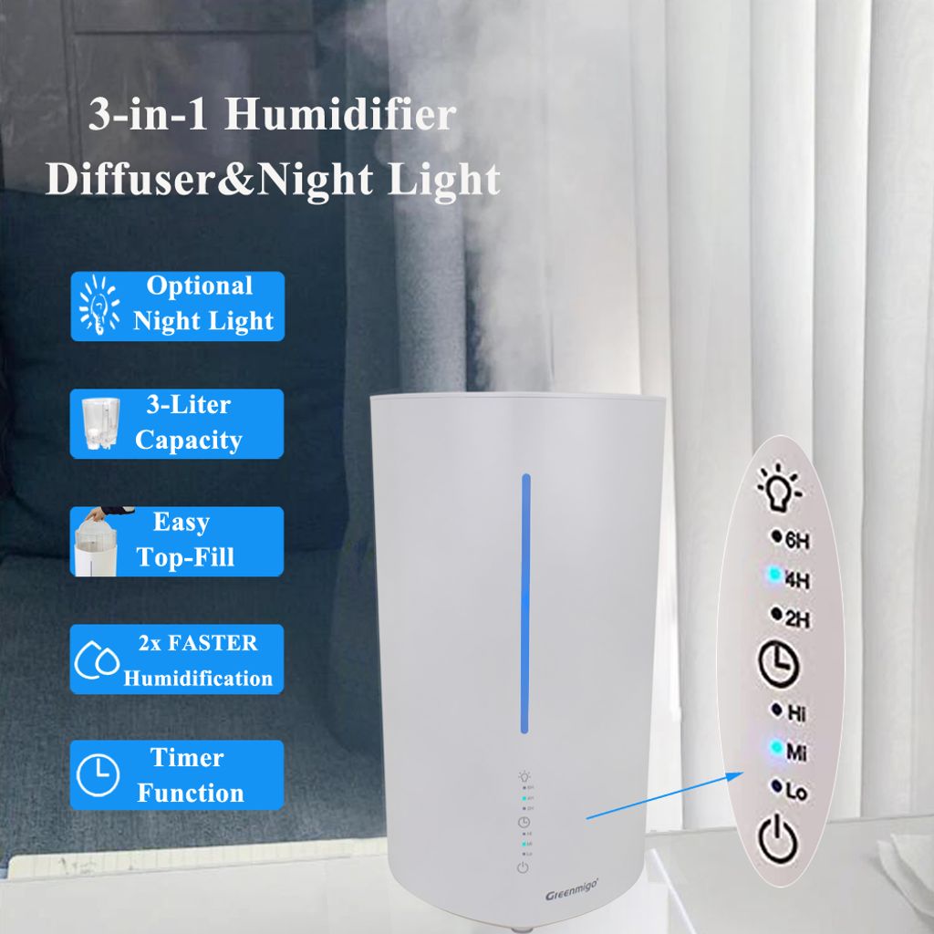 Greenmigo 3L Luftbefeuchter - Cool Mist Mit Aroma Diffuser & Nachtlicht