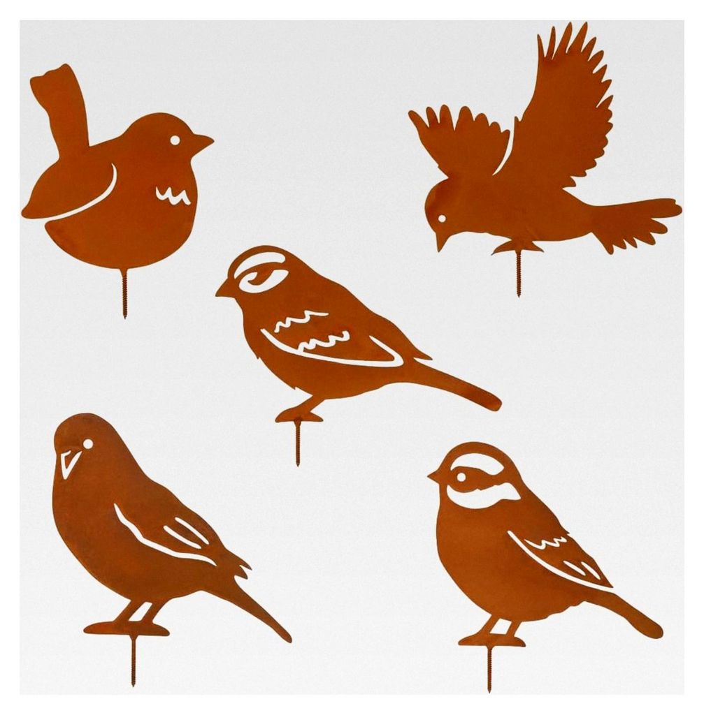 5er Rost Vogel Gartendekoration für den Außenbereich, Metall Vögel für Fensterbänke, Zäune und Äste, Gartenstecker Vögel aus Metall
