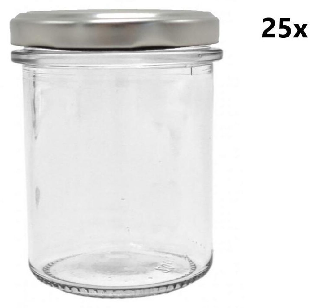 A clear glass jar with a silver lid is shown against a white background.