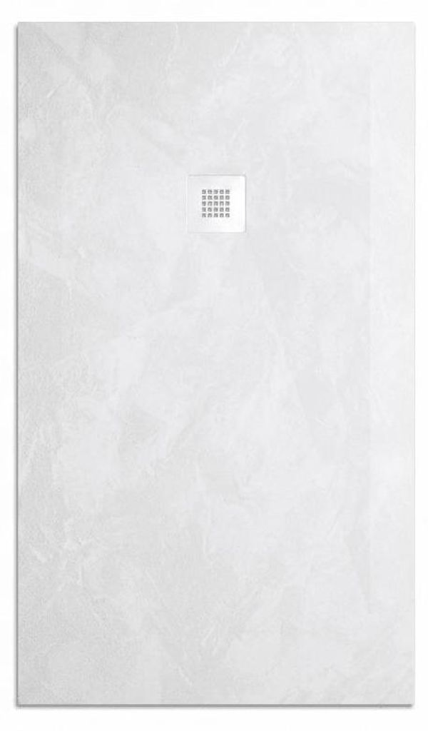 Mineralguss-Duschwanne extra flach Spachteloptik SILEX weiss 100x160 cm Edelstahl in gleicher Farbe Auslaufschutz in Farbe